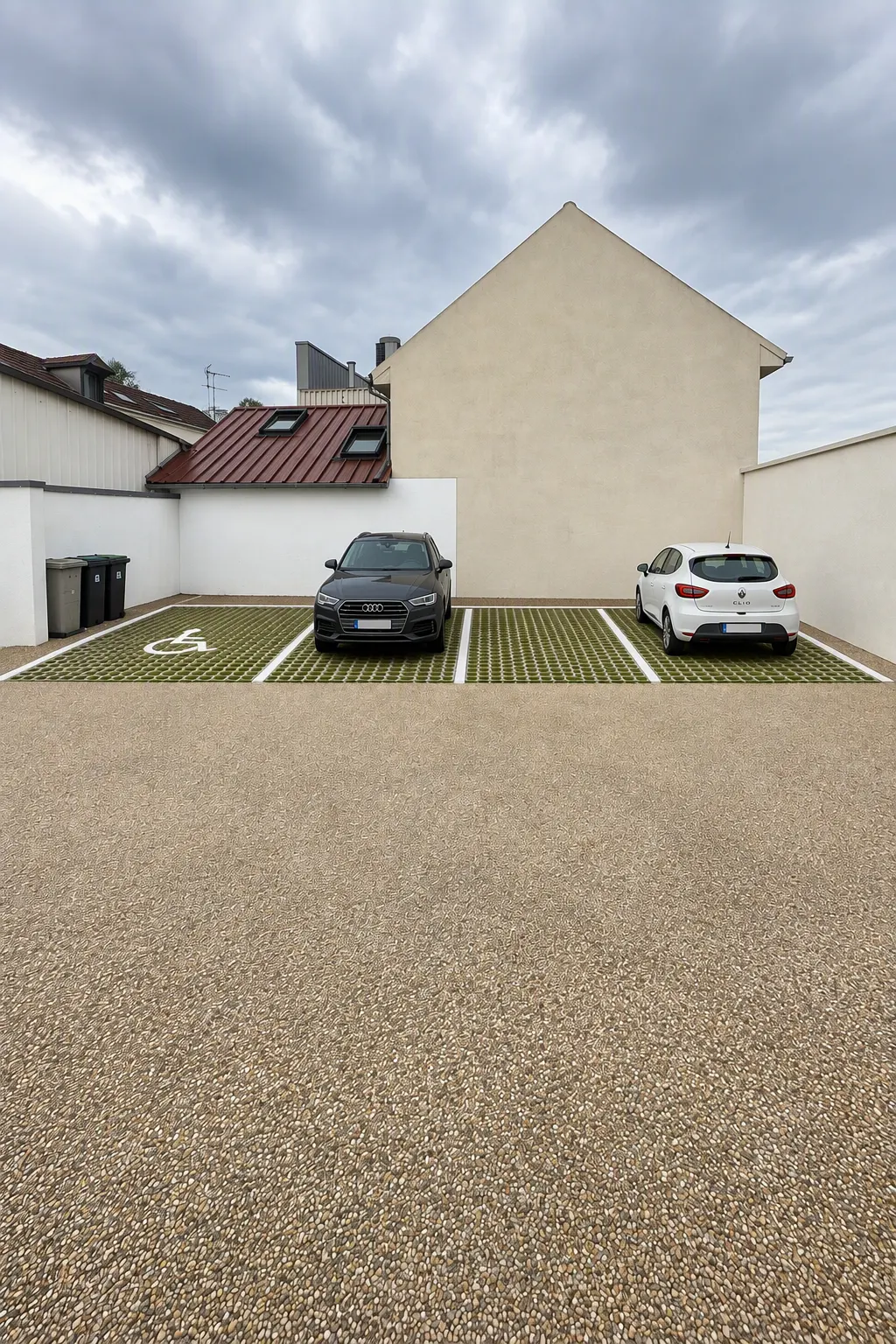 Cour de stationnement revêtue de gravillons, avec trois places en dalles engazonnées dont une marquée du pictogramme réservé, deux voitures garées et un pignon enduit au fond.