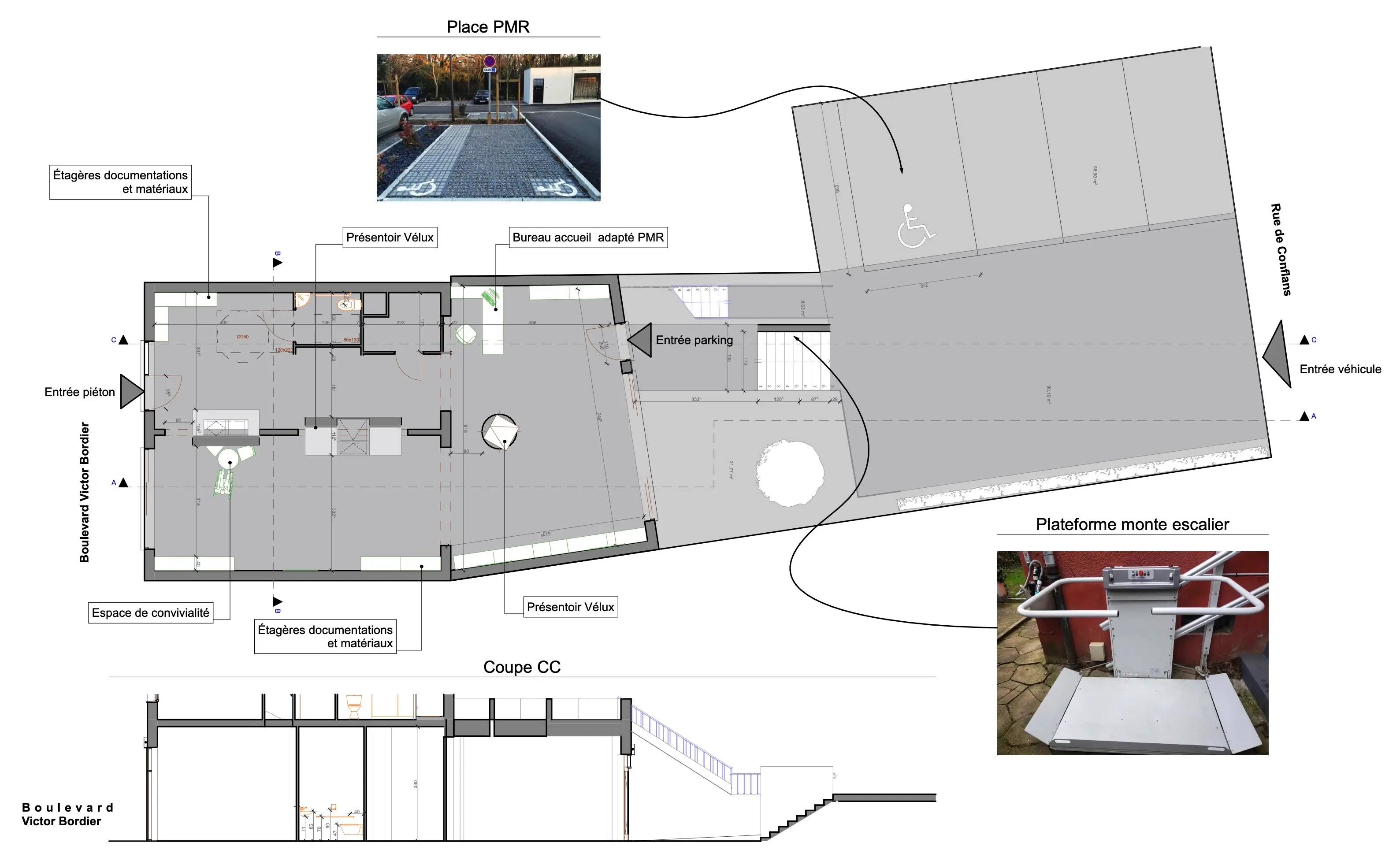 Plan du showroom et de sa cour de stationnement avec la place réservée, l'escalier entre le parking et l'entrée, et une coupe montrant le dénivelé entre la rue et la cour.