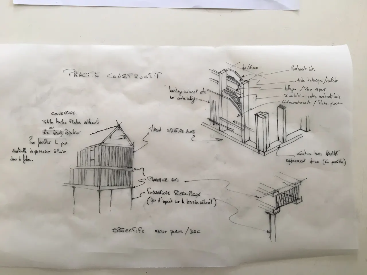 Feuille de calque portant des croquis à main levée d'un principe constructif, avec des détails annotés.