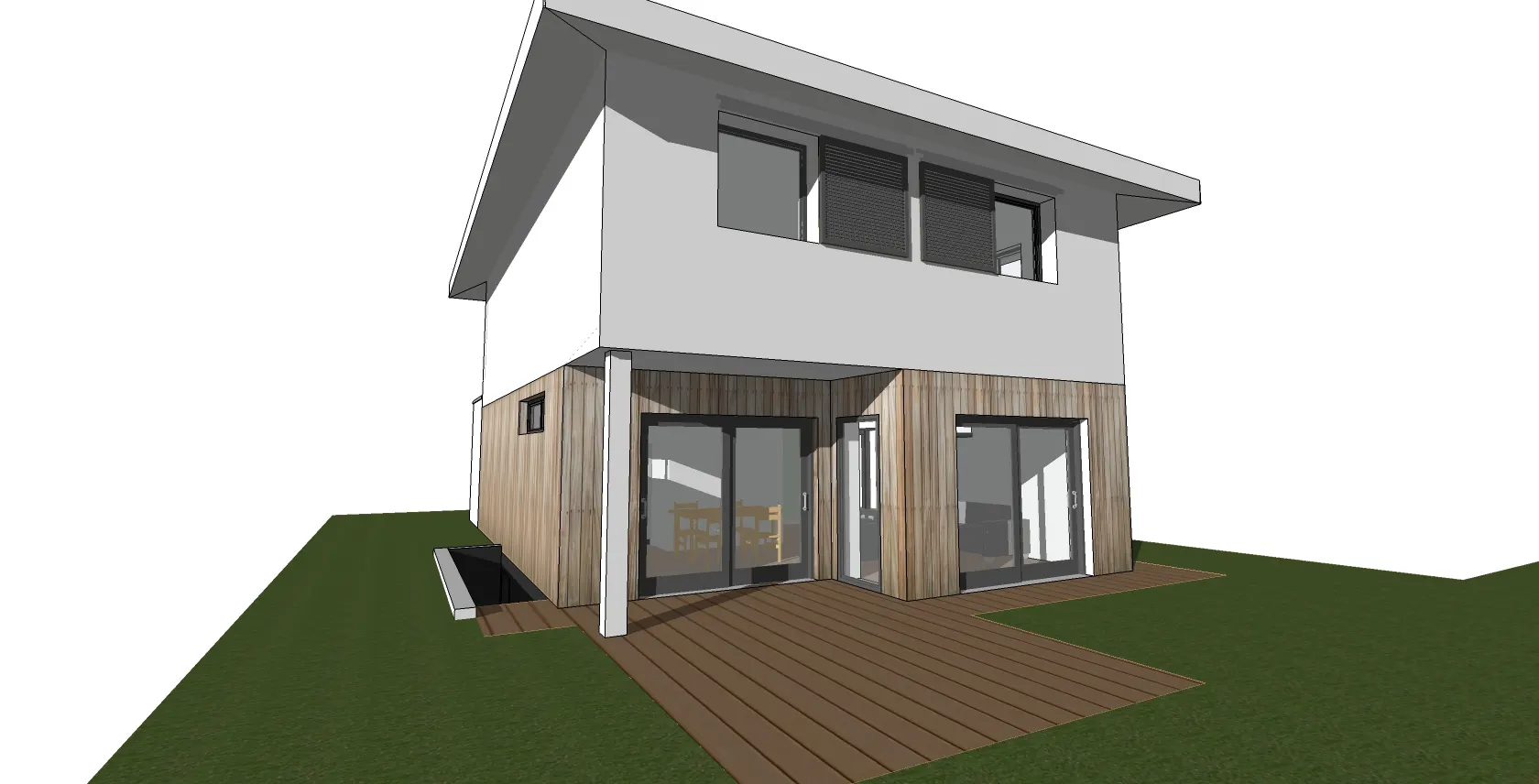 Vue en trois dimensions d'une maison à étage enduit blanc sur un rez-de-chaussée bardé de bois, ouvert par de grandes baies sur une terrasse en bois.