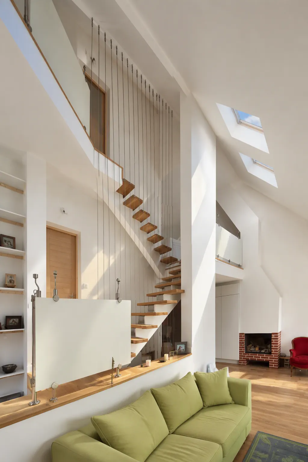 Séjour clair à double hauteur avec un canapé vert, un escalier à marches de bois fixées au mur et tenues par des câbles, une mezzanine et des fenêtres de toit.