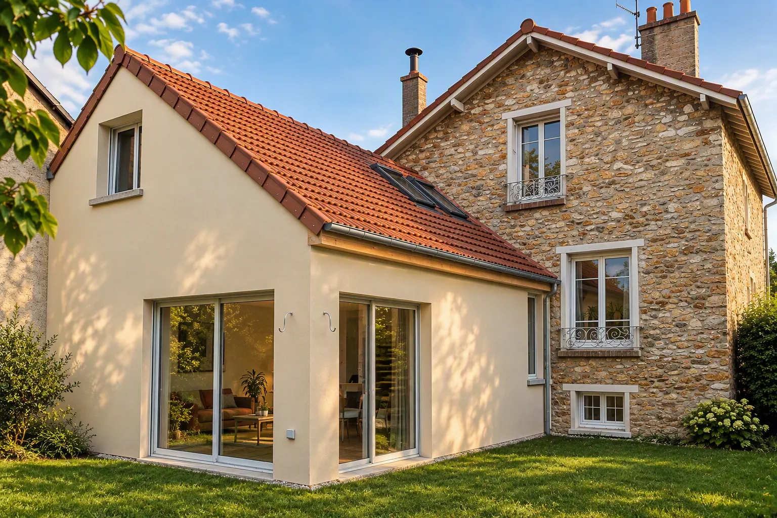 Volume enduit clair à deux pans de tuiles rouges, ouvert sur une pelouse par deux baies vitrées, accolé à une maison ancienne en moellons.