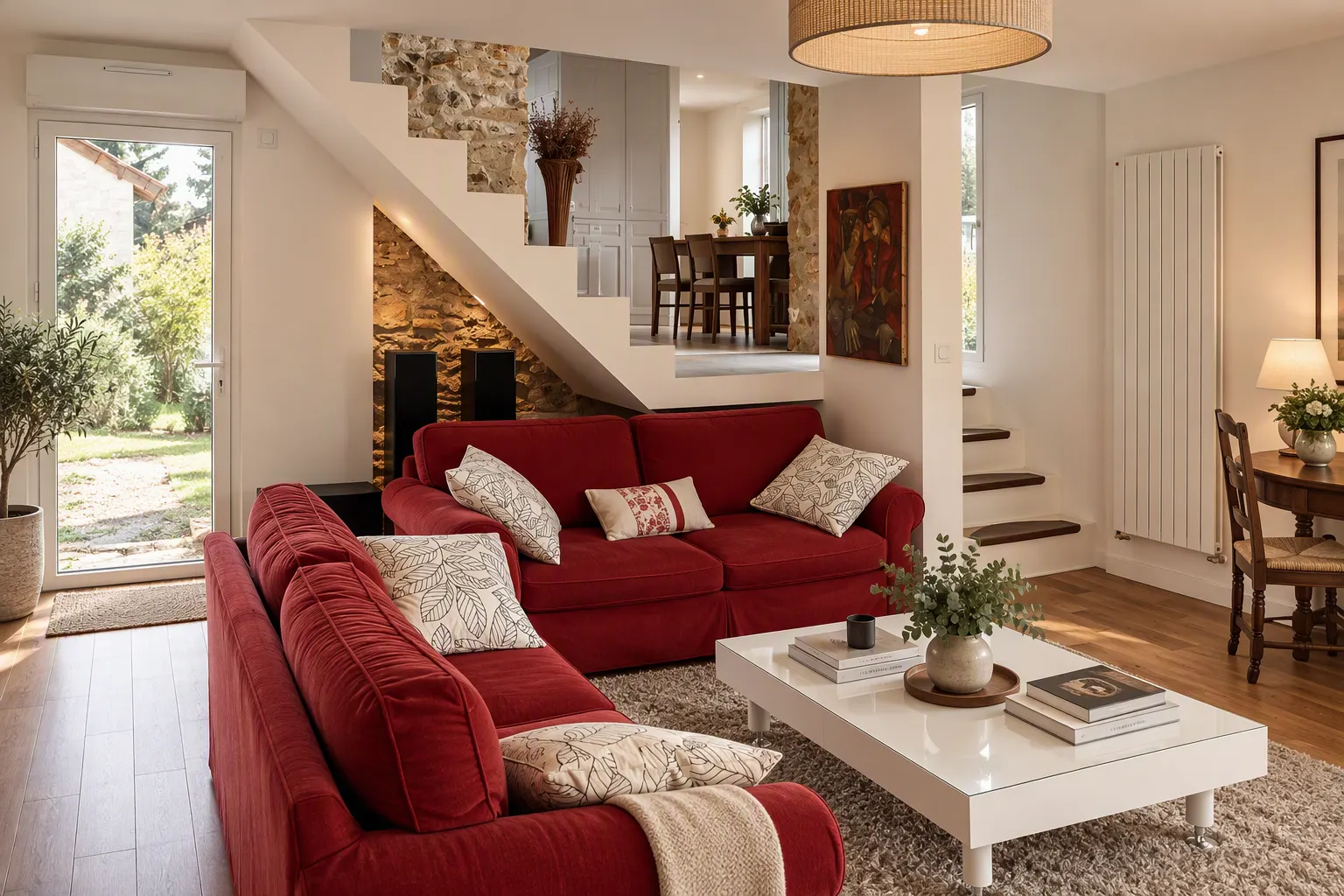 Séjour clair meublé de deux canapés rouges et d'une table basse blanche, ouvert sur le jardin par une porte vitrée, avec un escalier blanc à marches de bois et un mur en moellons apparents.