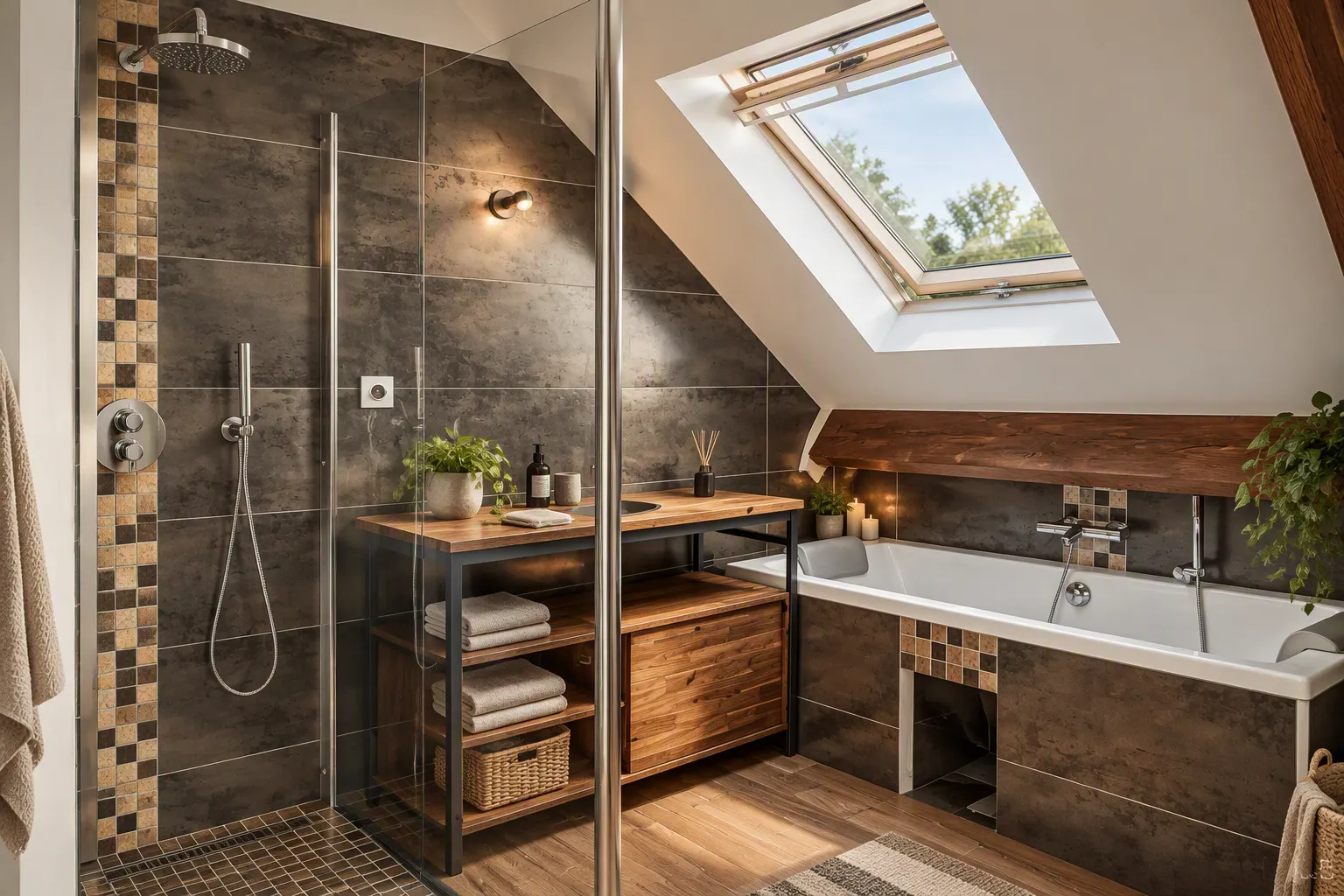 Salle d'eau sous pente avec douche vitrée, baignoire et meuble en bois, revêtue de carreaux sombres et éclairée par une fenêtre de toit.